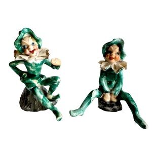 Vintage Pixie Elf Occupied Japan Green Figurines Fairy Jester a Pair 40s‎ 50s